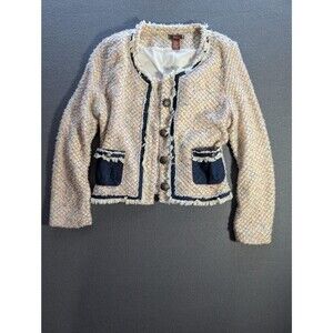 J&M Women's Cropped Tweed Bouclé Fringe Jacket Navy Trim Sz Large